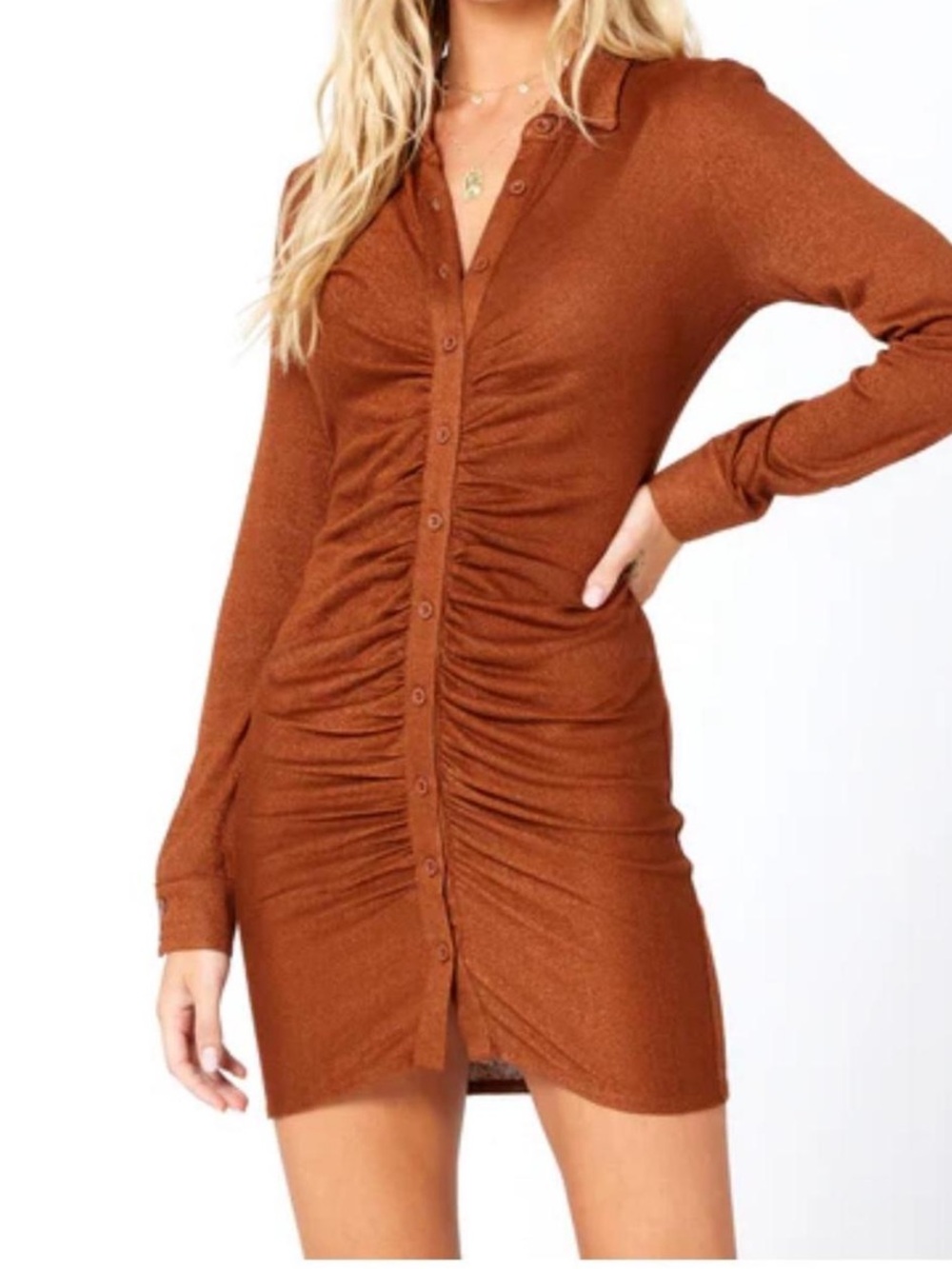 l*space Rust Button-Front Ruched Long Sleeve Dress